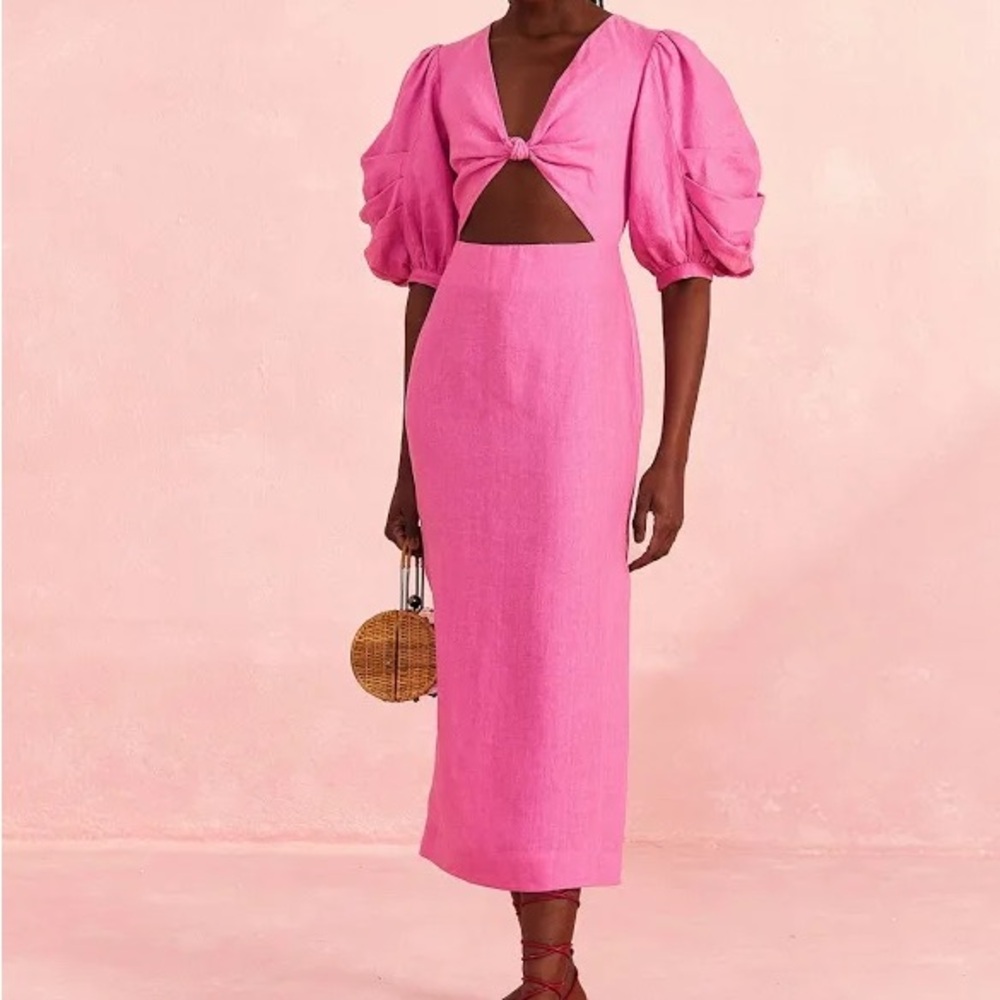 NWT FARM Rio Linen Pink Puff Sleeve Dress